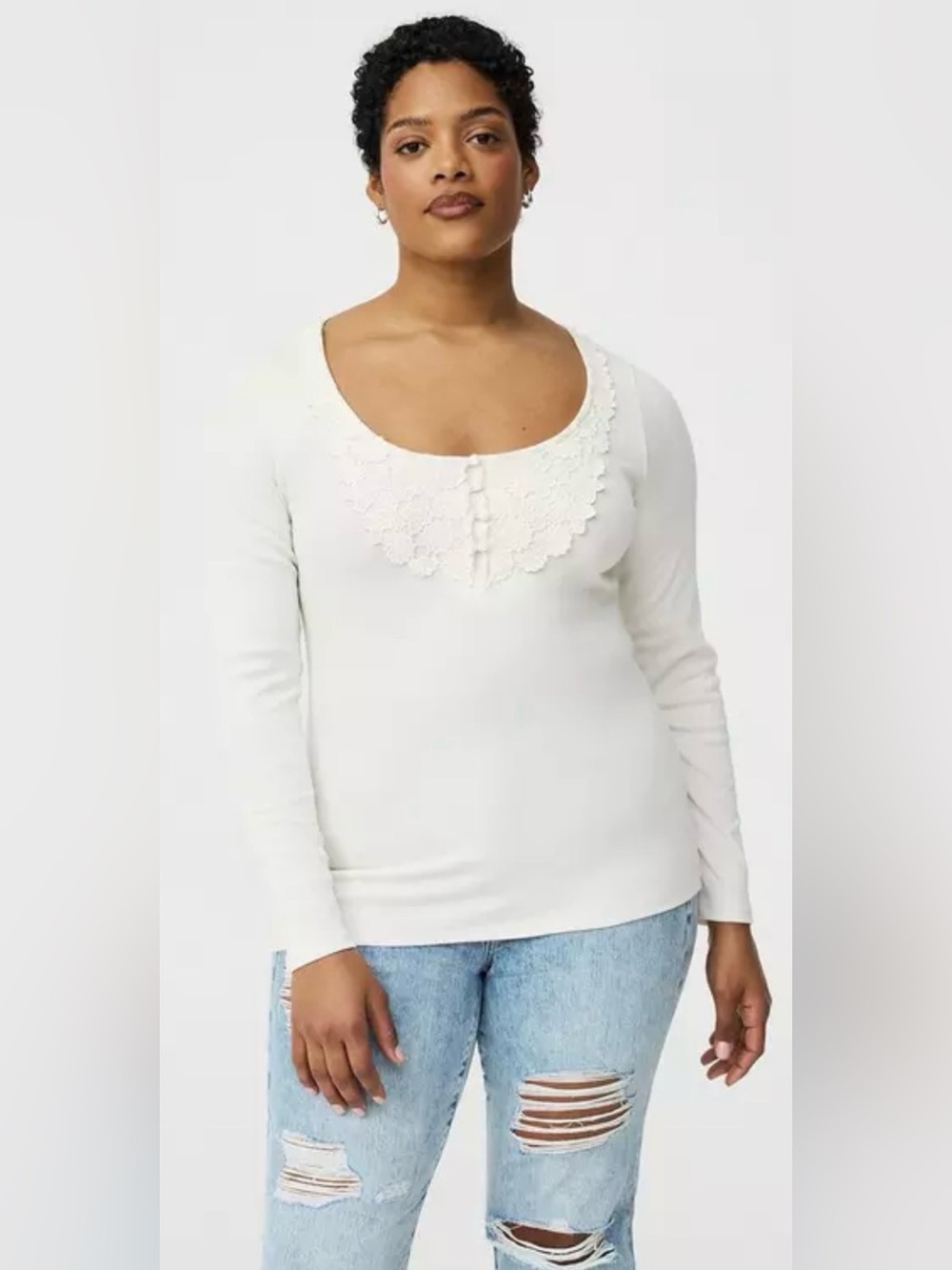 NWT Torrid White Ribbed Long Sleeve Crochet Trim Henley Top Size 2 (18/20)